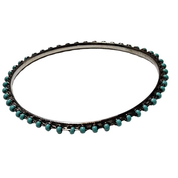 Vintage Southwestern Turquoise Beaded Bangle Bracelet Silver Tone Jewelry Women - Picture 1 of 4
